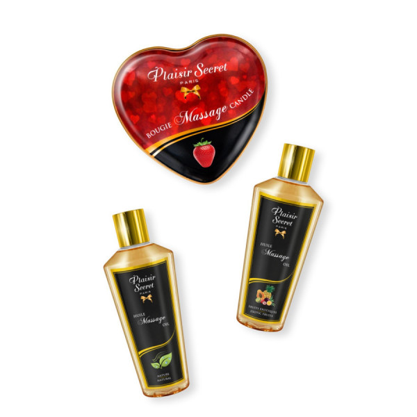 Coffret de massage contenant 2 huiles sèches et 1 bougie de massage 